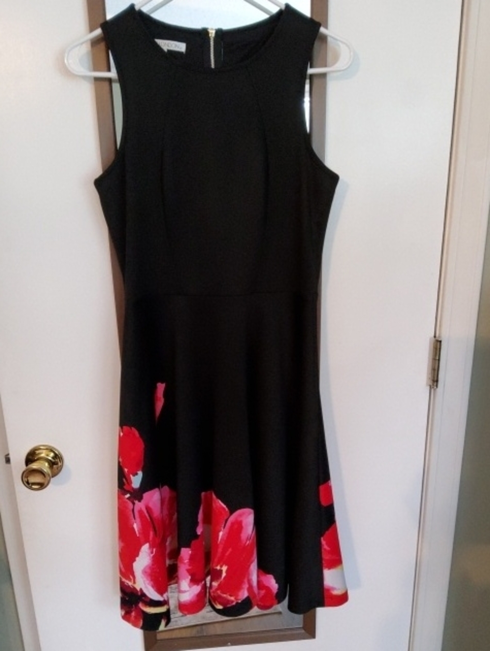 Maggy London Black Midi Dress with Red and Pink Floral Hem